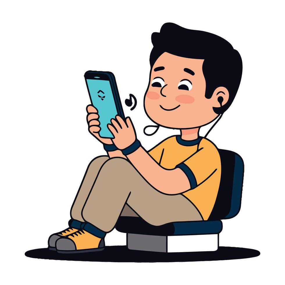 A cartoon boy sitting on a chair with a phone vector