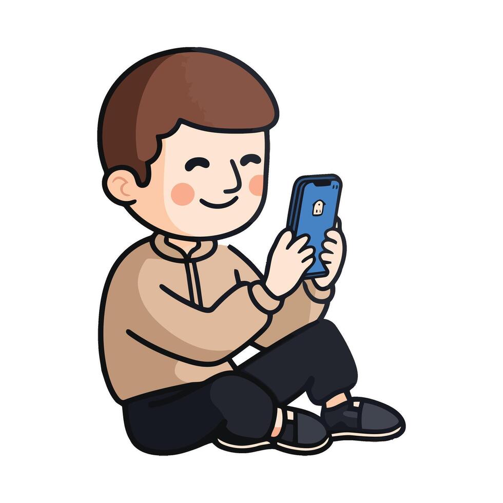 A boy sitting on the floor holding a phone vector