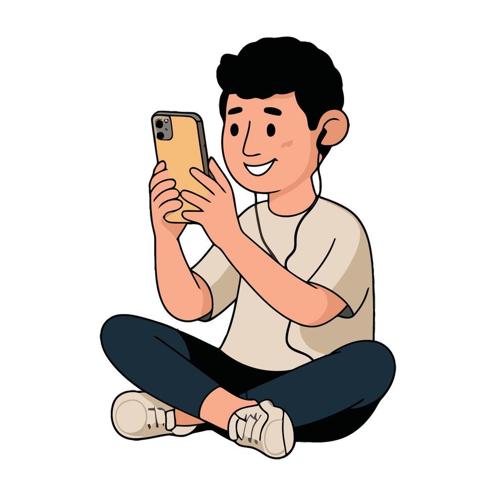 A cartoon man sitting on the floor holding a phone vector