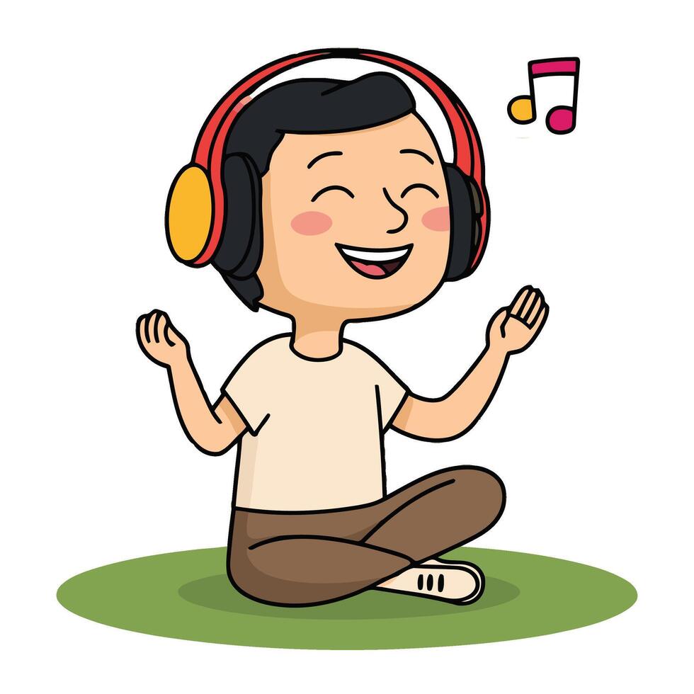 A cartoon man sitting in the grass with headphones on vector