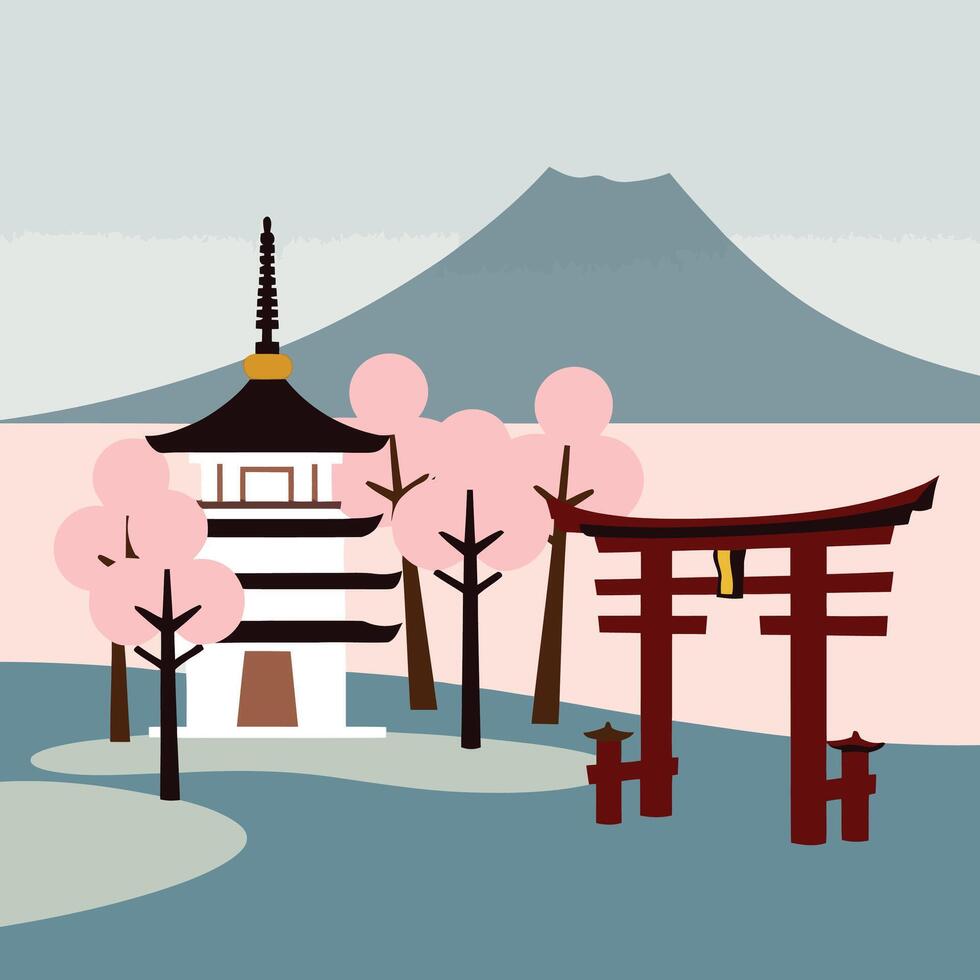 Japanese landscape with tori gate and pagoda vector