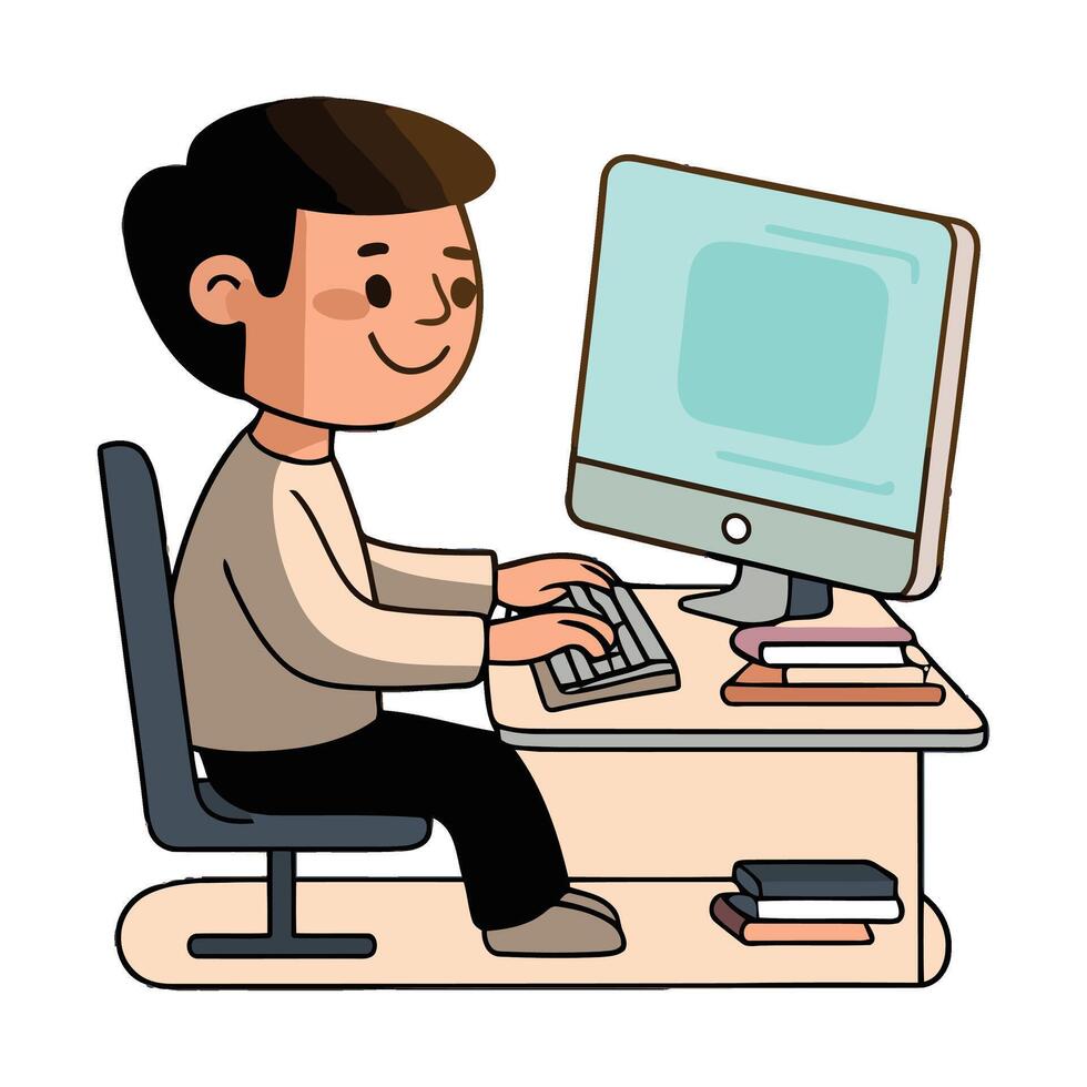 A man is sitting at a desk with a computer vector