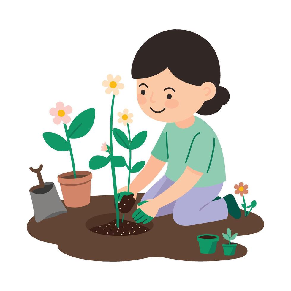 Illustration of a woman planting flowers in the garden vector