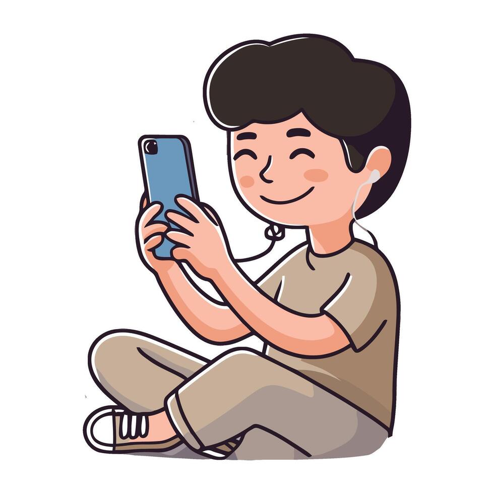A cartoon boy sitting on the floor with his phone vector