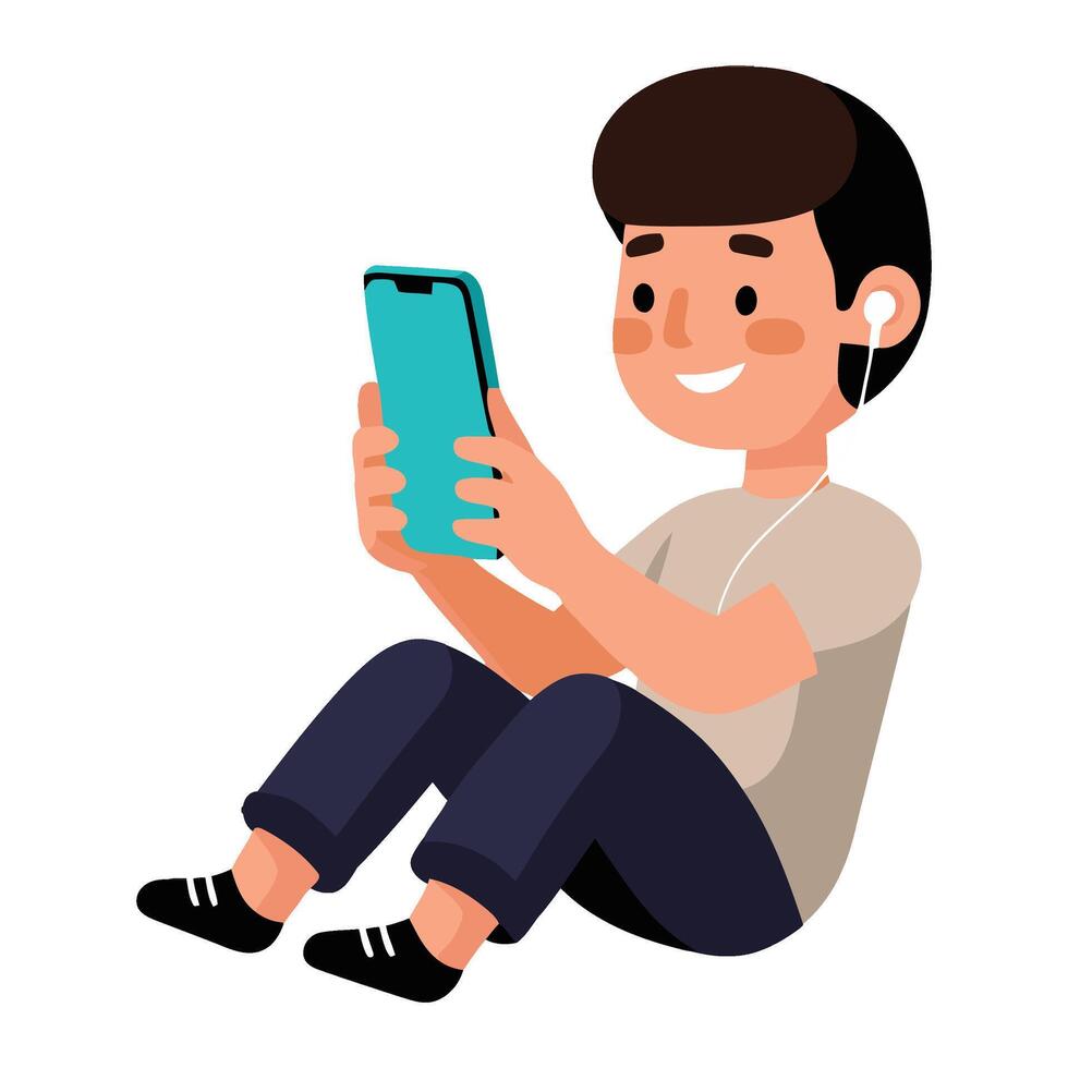 A man sitting on the floor holding a phone vector
