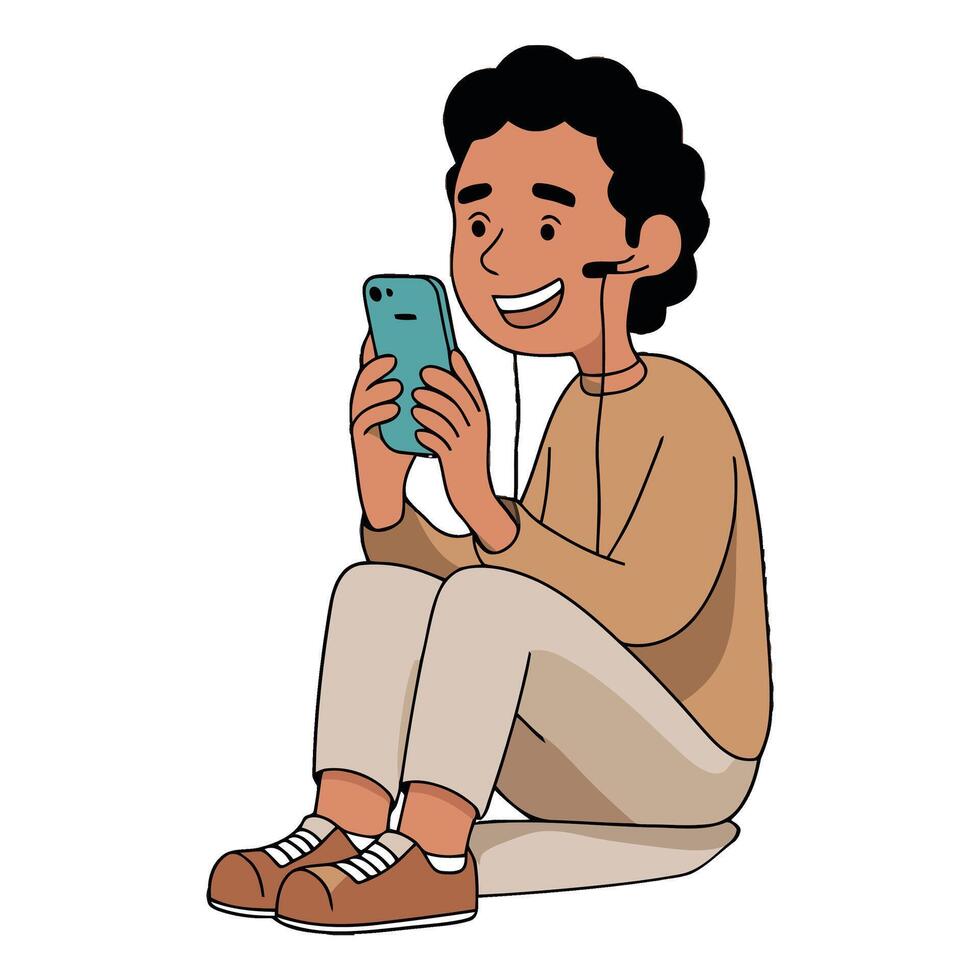 A man sitting on the floor with headphones and a cell phone vector