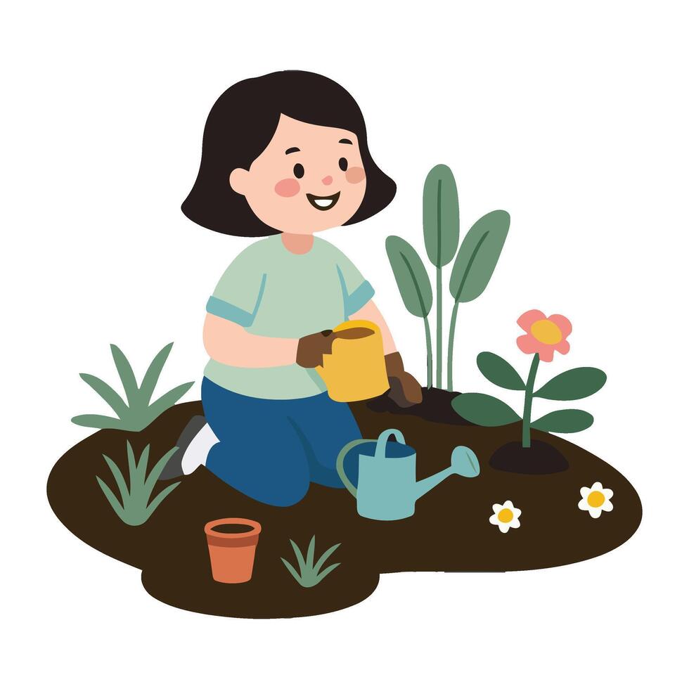 A woman is watering plants in the garden vector
