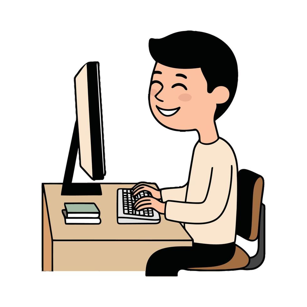 A cartoon man is sitting at a desk with a computer vector