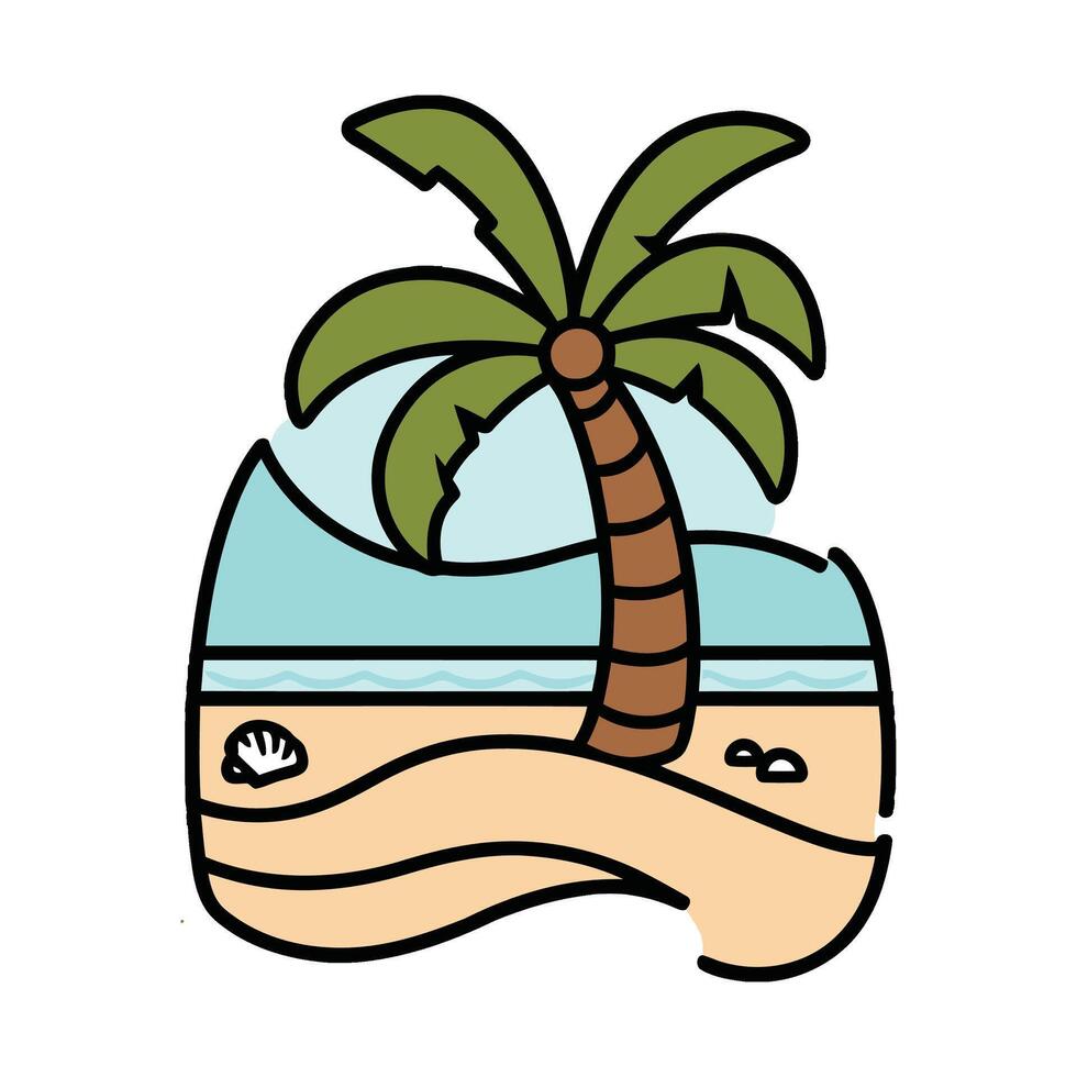 A cartoon palm tree on the beach with waves and a rock vector