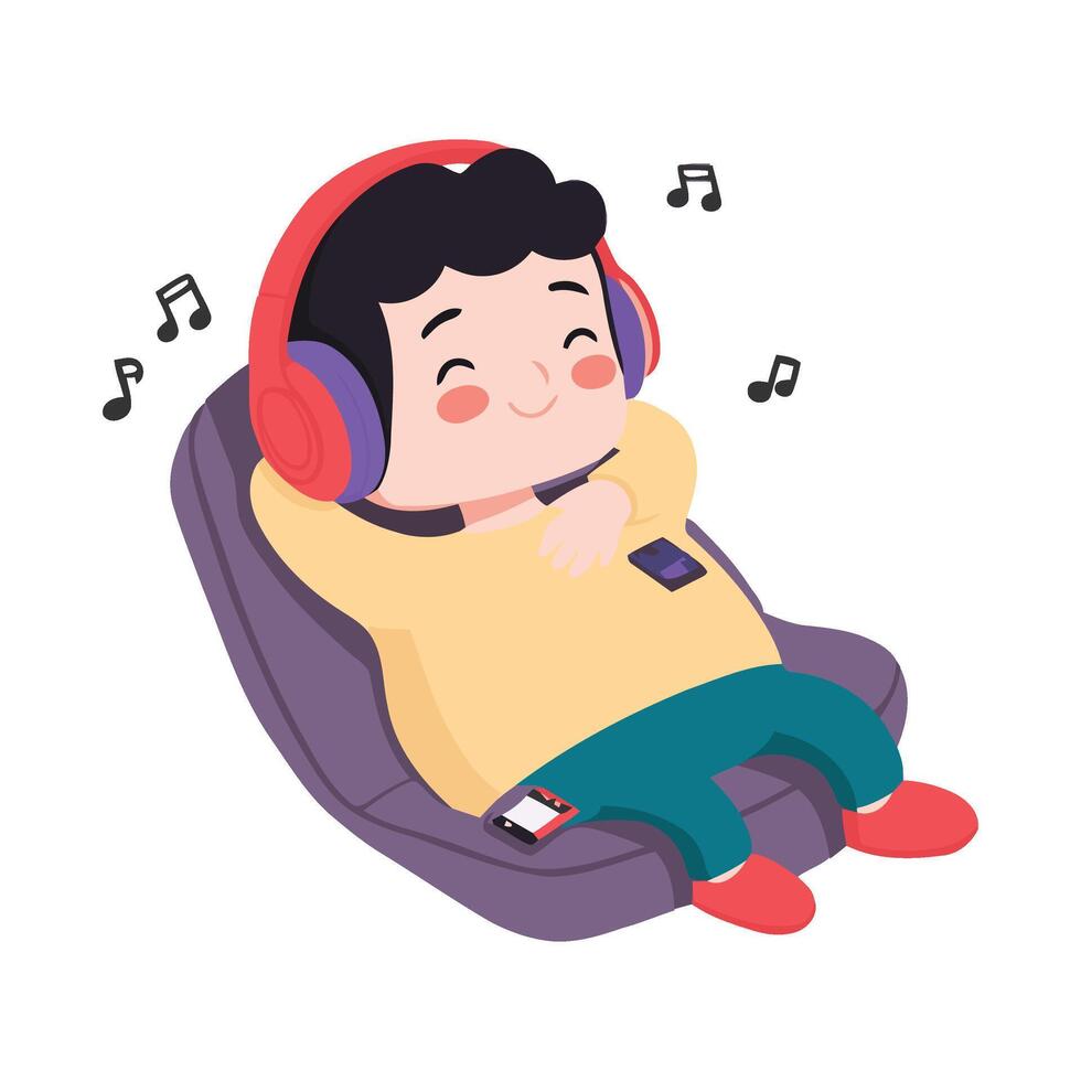 A cartoon boy is sitting in a chair with headphones on vector