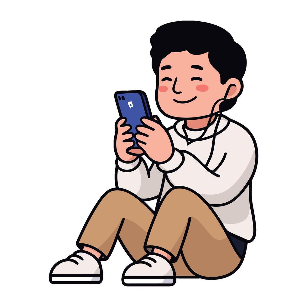 A man sitting down and holding a phone vector