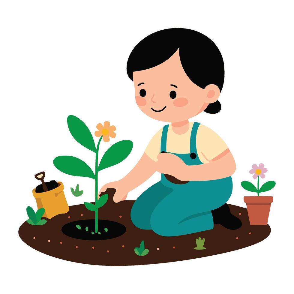 A woman is planting a plant in the ground vector
