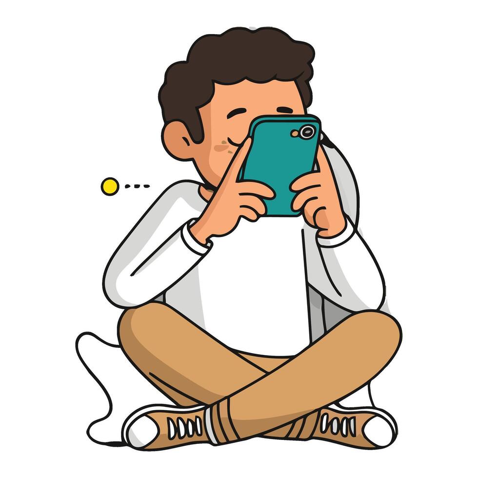 A man sitting on the floor holding a phone vector