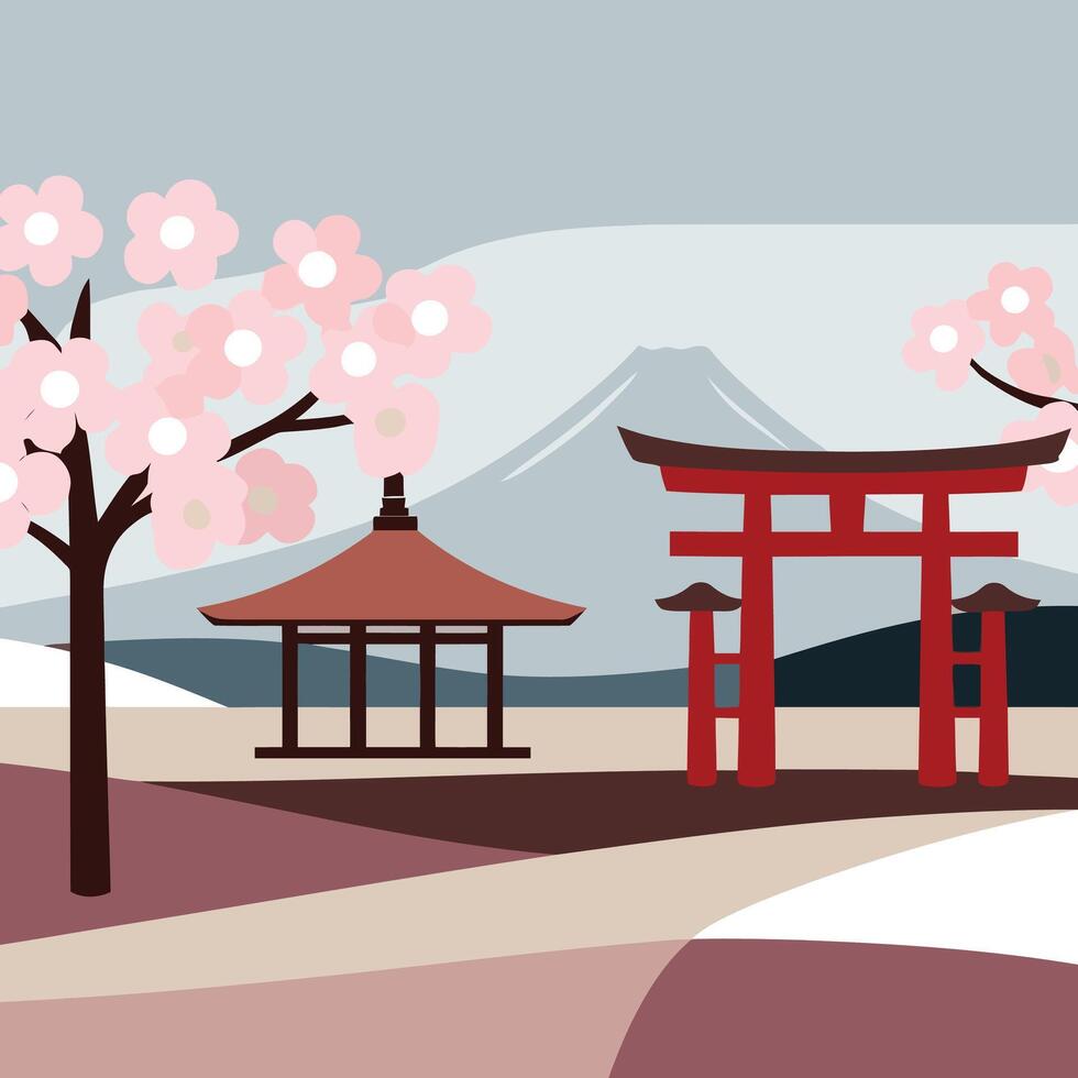 Japanese landscape with torii gate and cherry blossoms vector