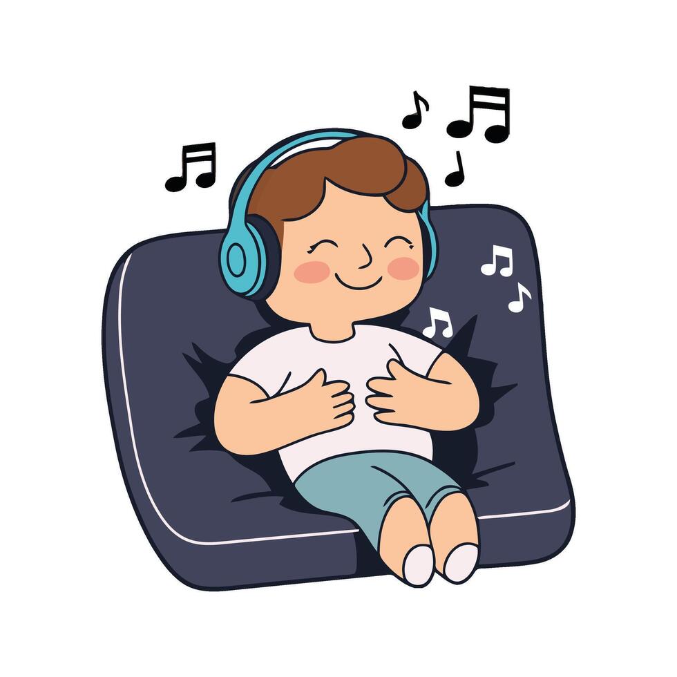 A boy with headphones is sitting on a couch vector
