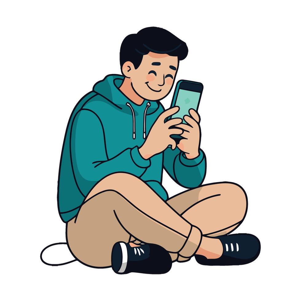 A man sitting on the floor with his phone vector