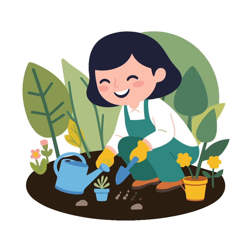 A woman is gardening in the garden vector