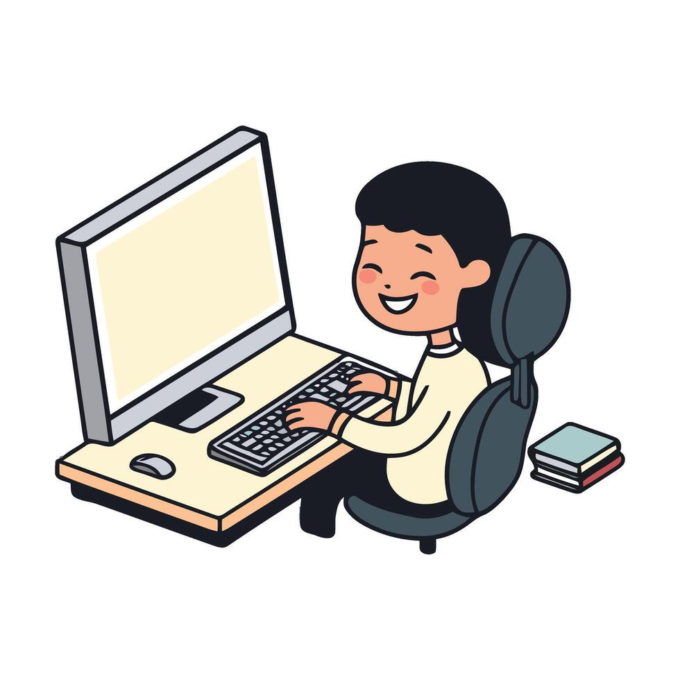 A cartoon man sitting at a computer and typing vector