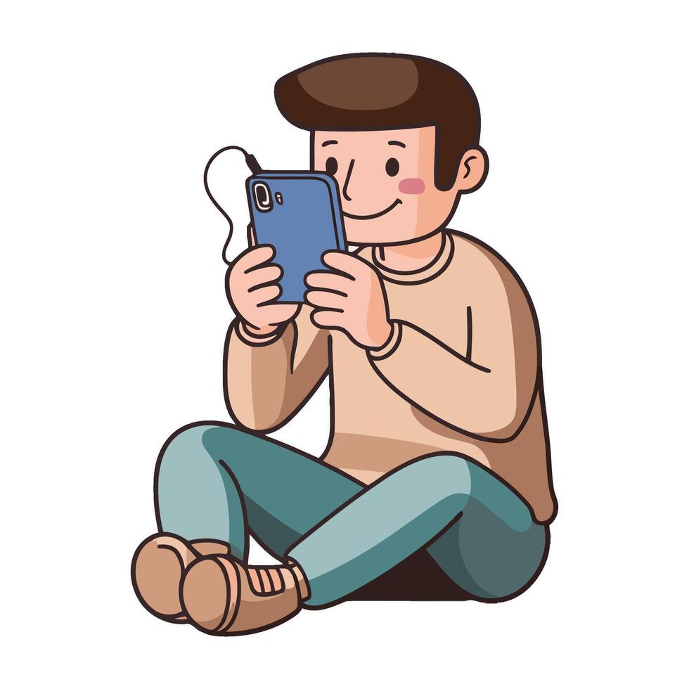 A man sitting on the floor with his phone vector