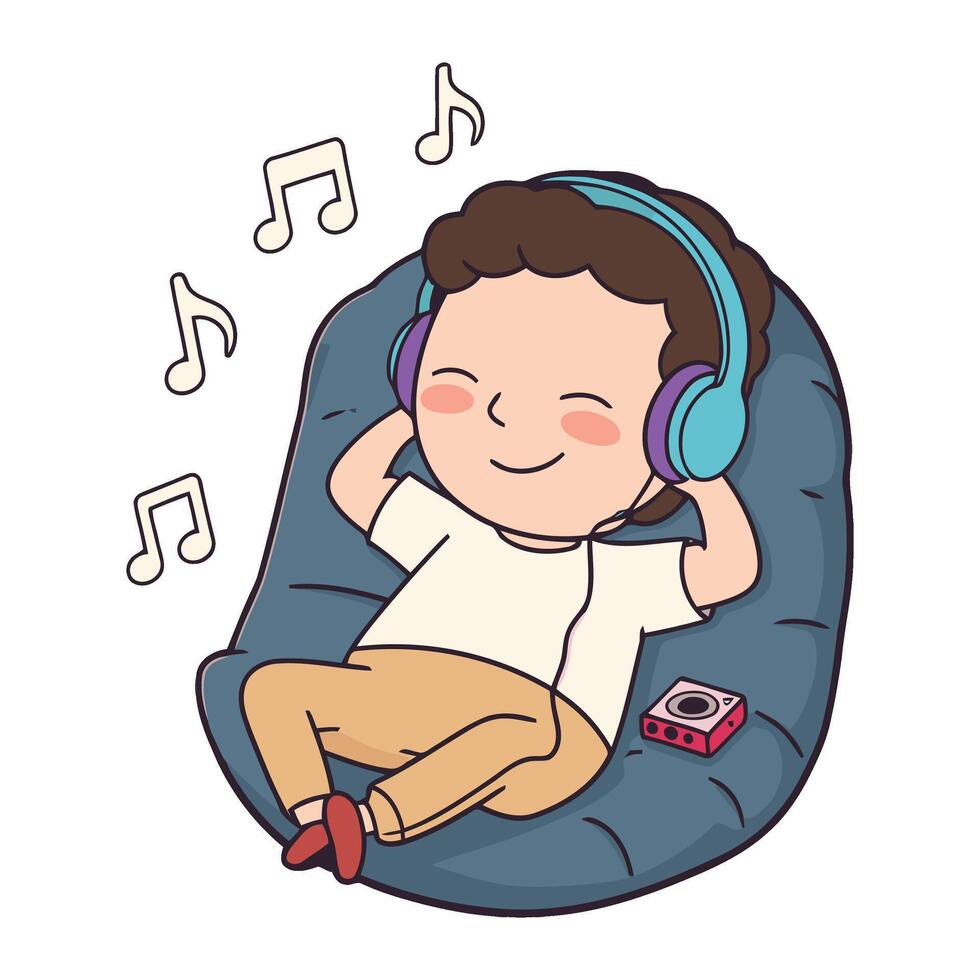 A cartoon boy listening to music on headphones vector