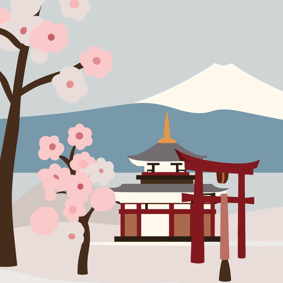 Japanese landscape with a torii gate and cherry blossoms vector