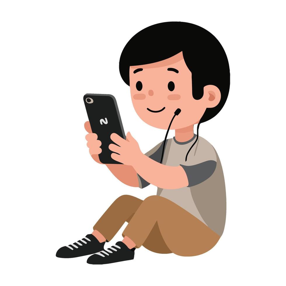 A boy sitting down with headphones on and holding a cell phone vector