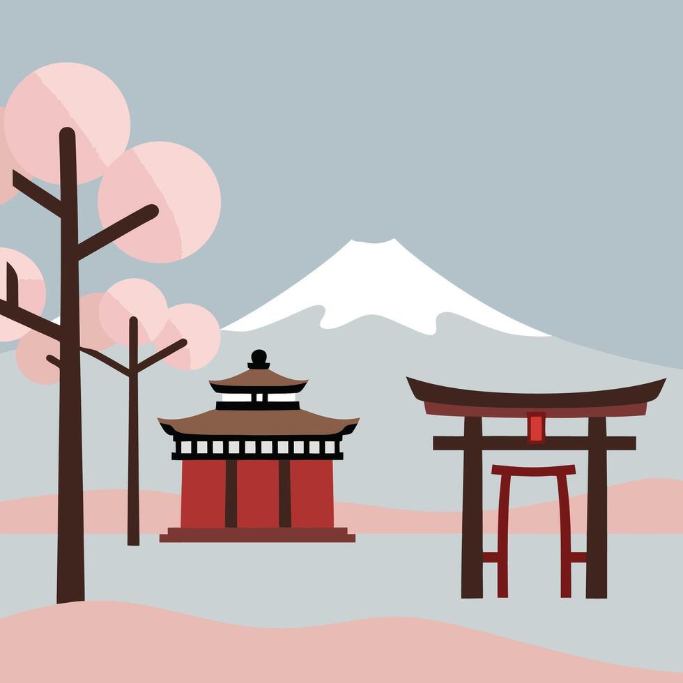 Japanese landscape with tori gate and mountain vector