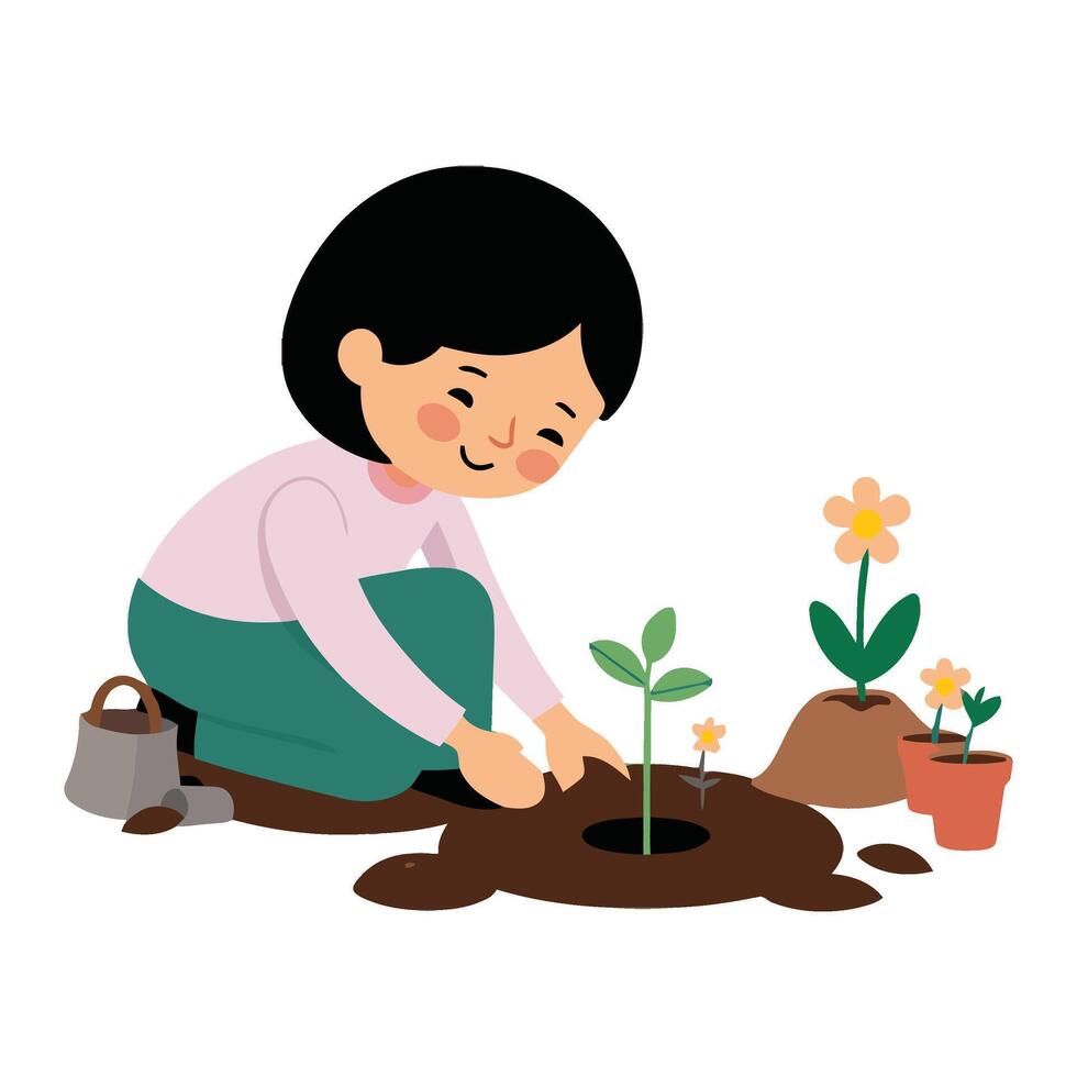 A woman is planting a plant in the ground vector