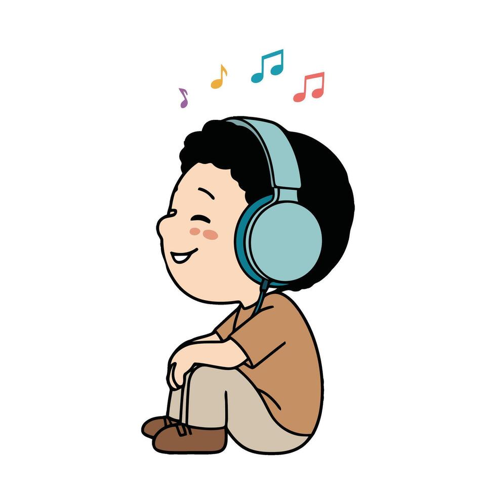 A cartoon boy sitting with headphones on vector