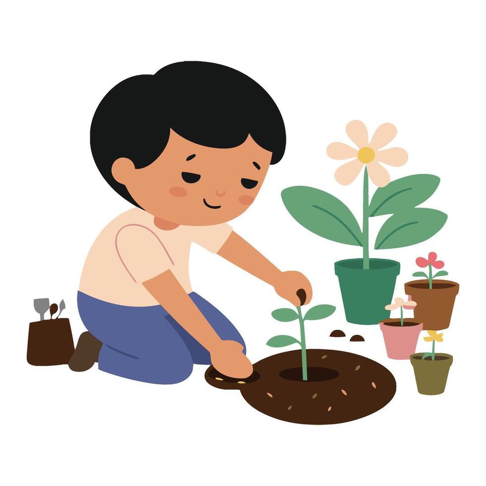 A boy is planting a plant in the ground vector