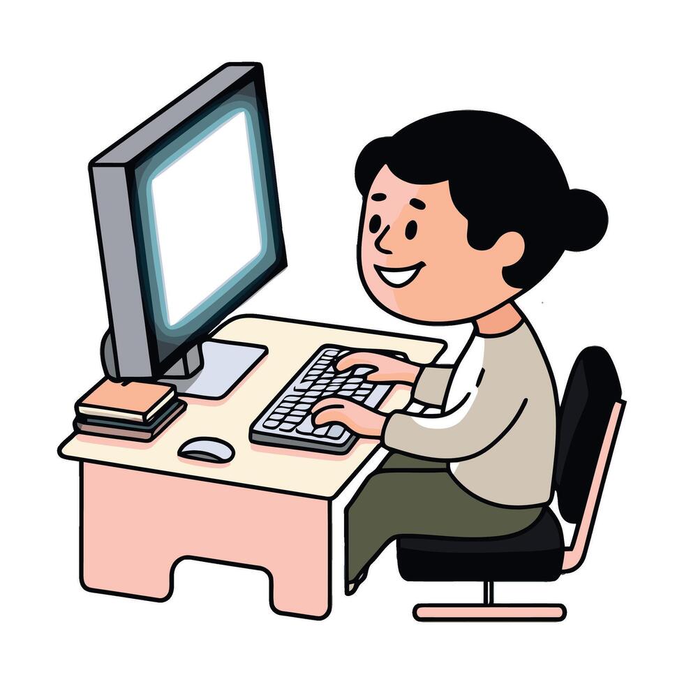 A cartoon woman is sitting at a desk with a computer vector