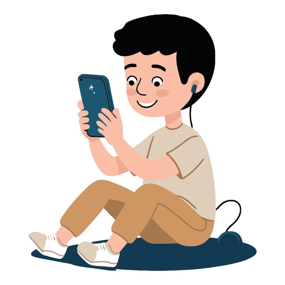 A boy sitting on the floor holding a cell phone vector