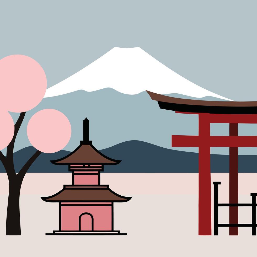Japanese landscape with a torii gate and a pagoda vector