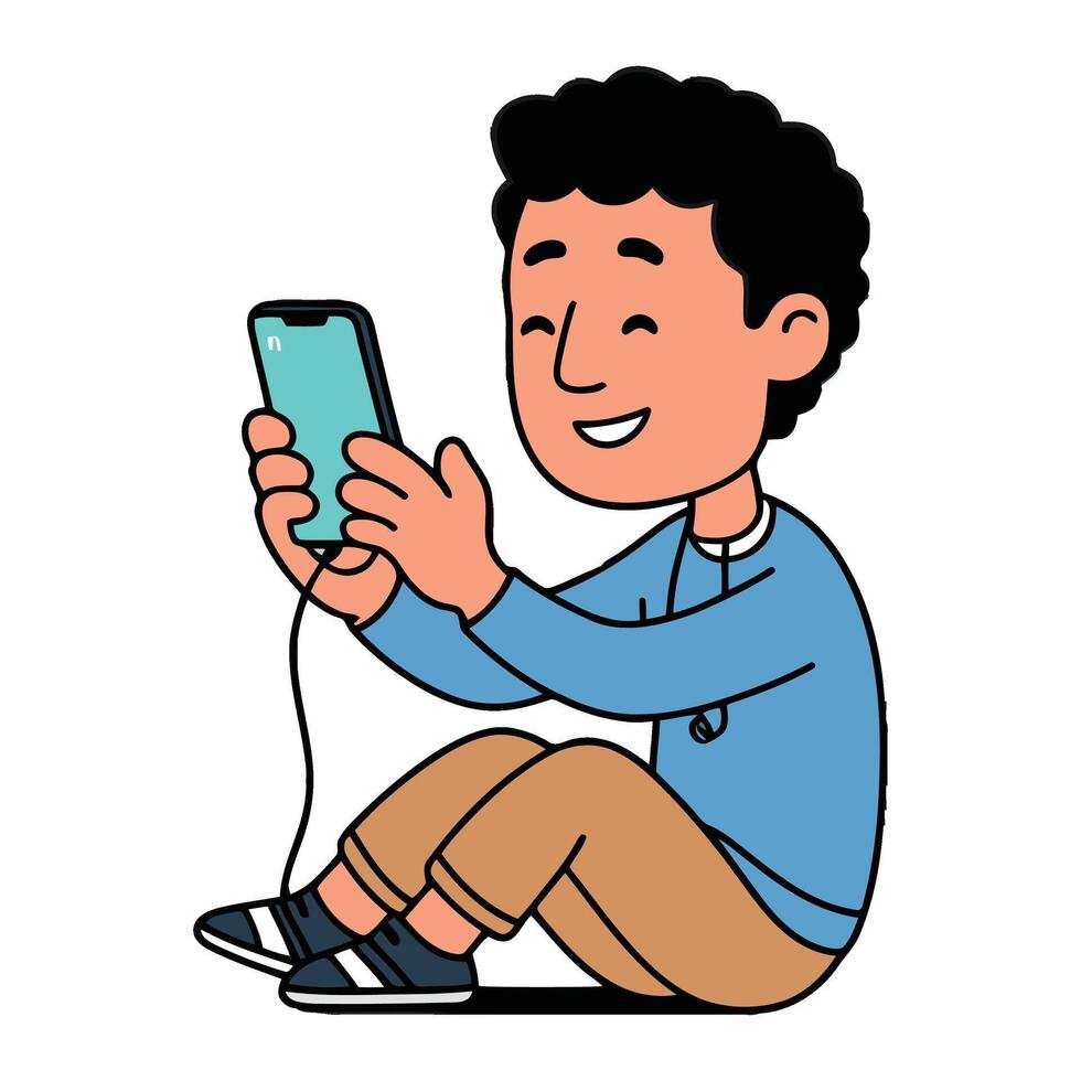 A cartoon boy sitting on the floor holding a cell phone vector