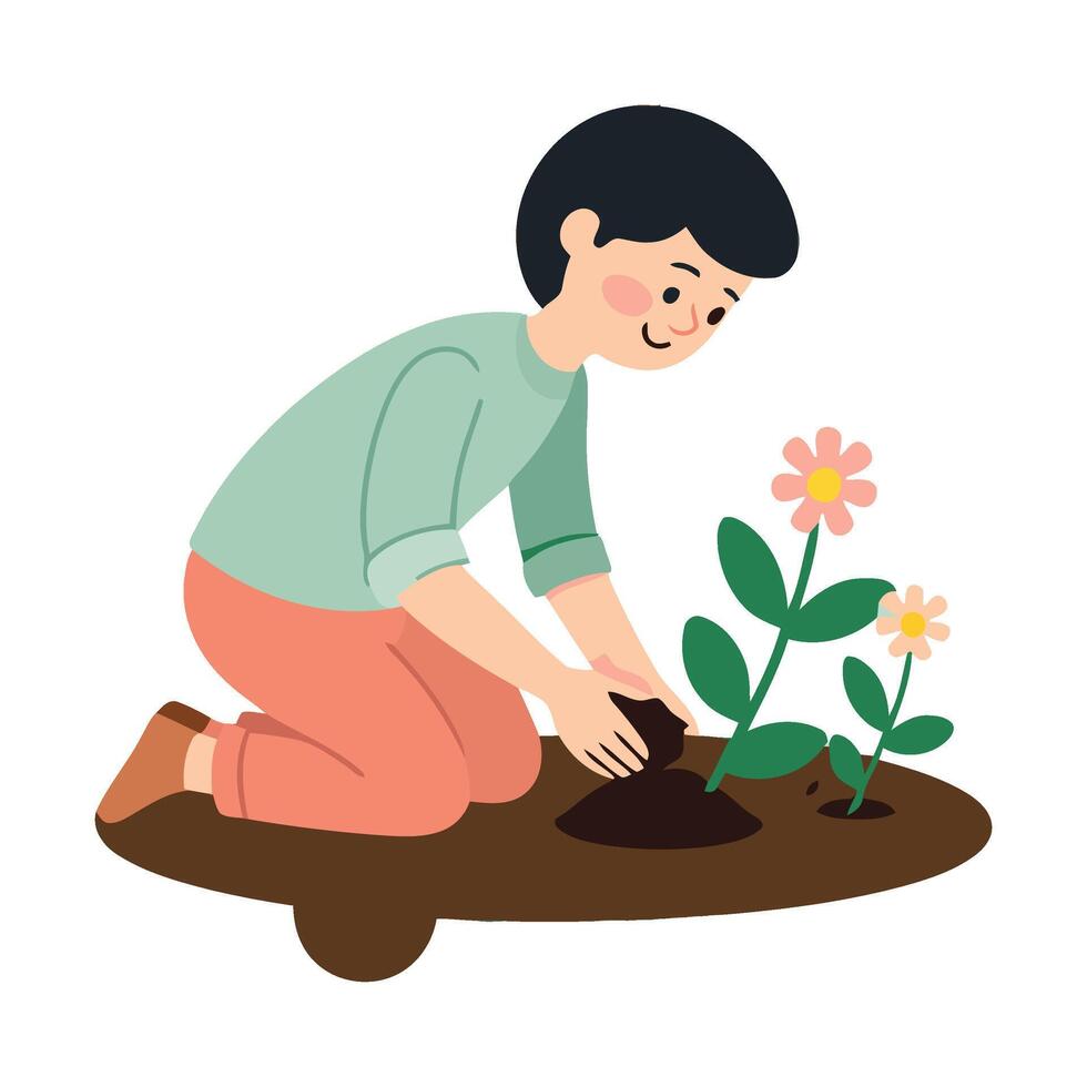 A man is planting a flower in the ground vector
