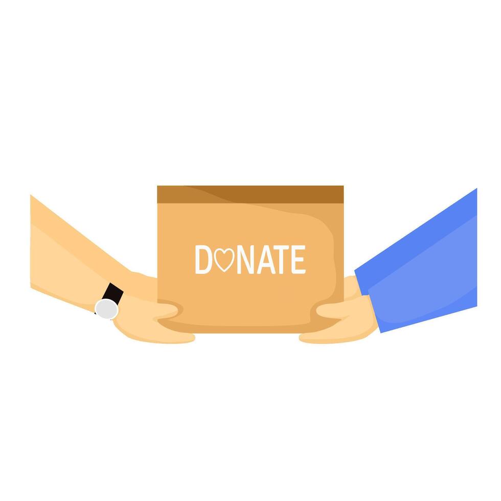 charity illustration with two people hands holding donation box vector