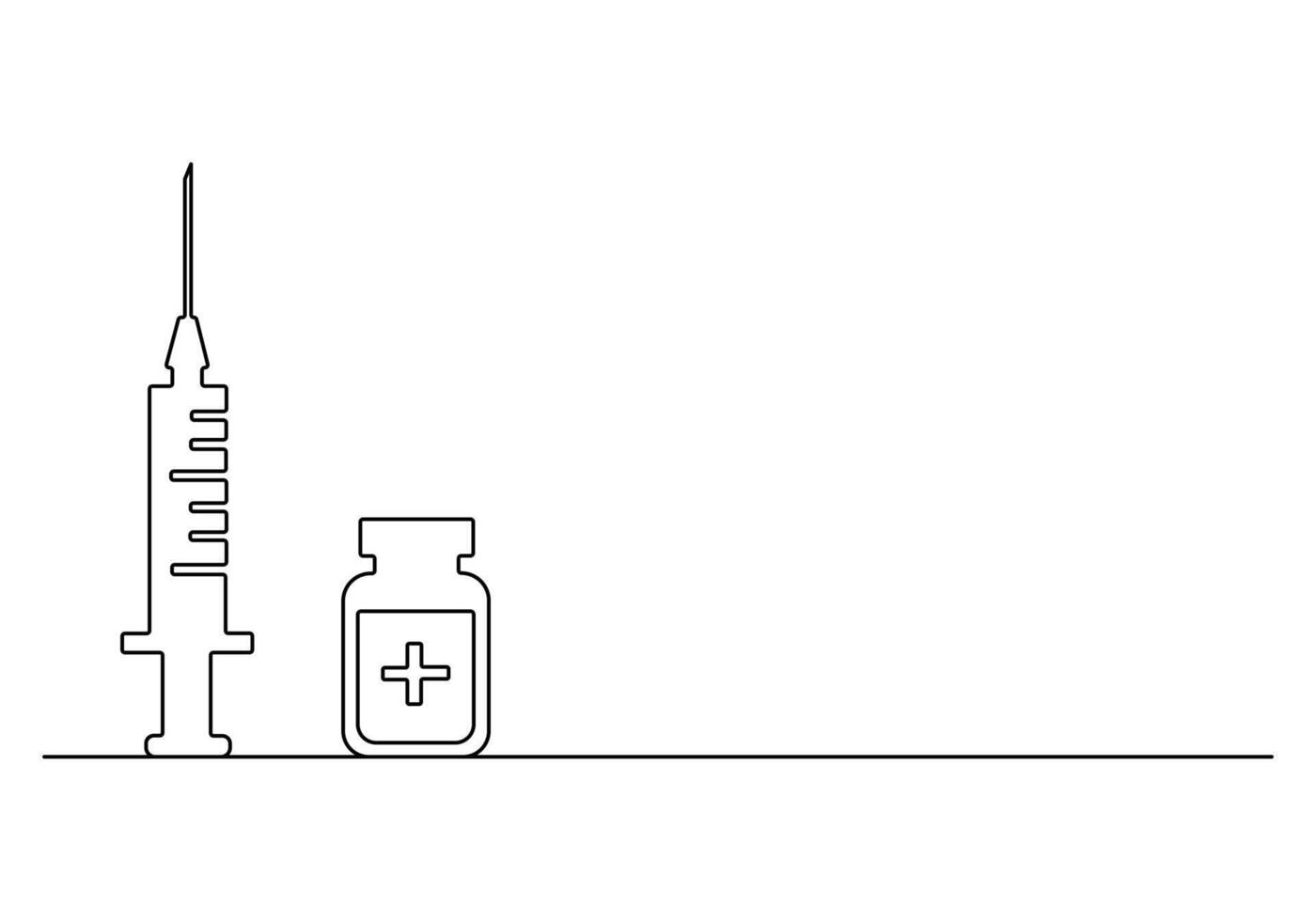 Continuous one line drawing of medicine set with syringe and vial. Pharmaceutical components and vaccine symbol. Premium illustration vector