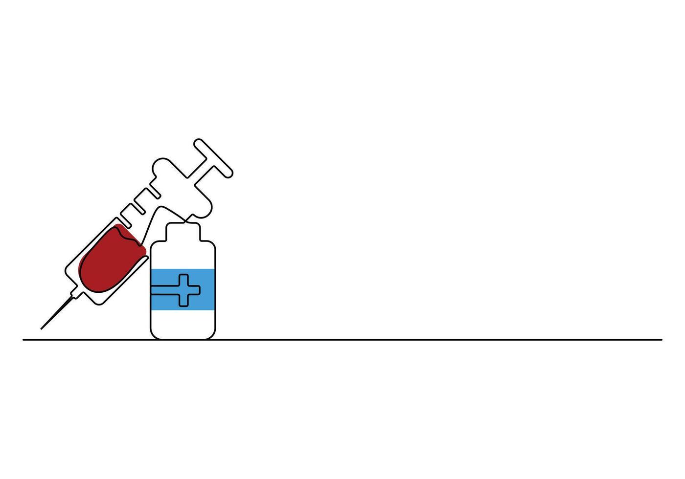 One line drawing of medicine set with syringe and vial. Pharmaceutical equipment's and vaccine symbol. Digital illustration vector