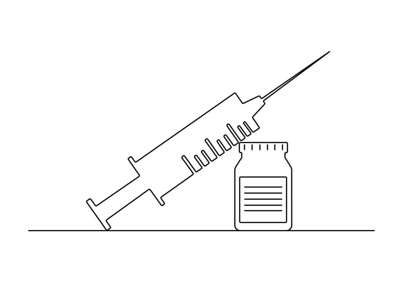 Medicine set with syringe and vial continuous one line drawing. Pharmaceutical components and vaccine symbol. Pro illustration vector
