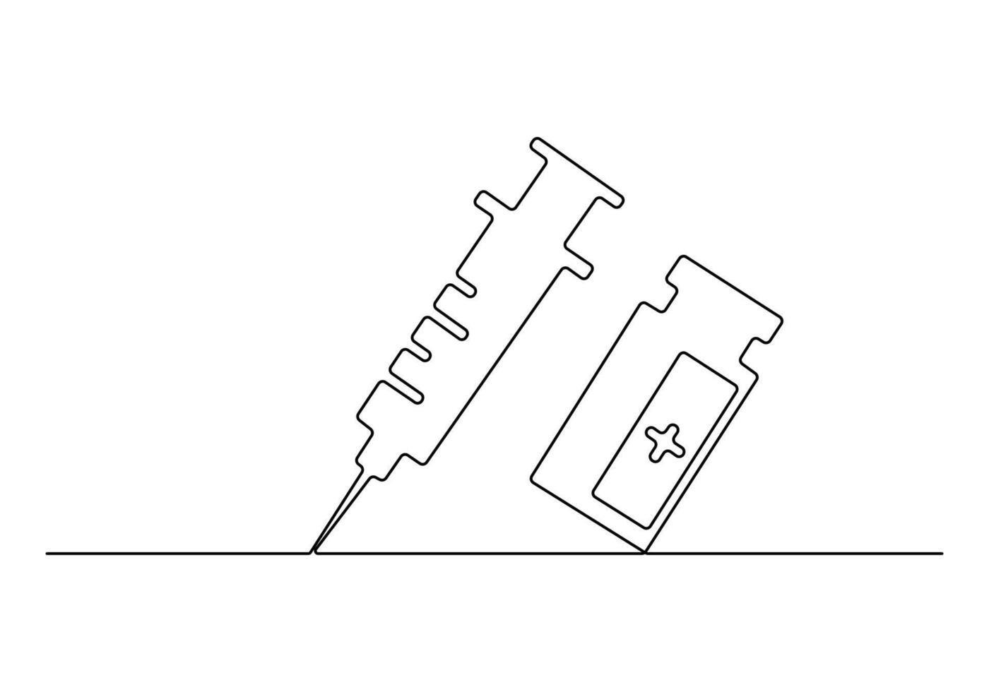 One line drawing of medicine set with syringe and vial. Pharmaceutical components and vaccine symbol premium illustration vector