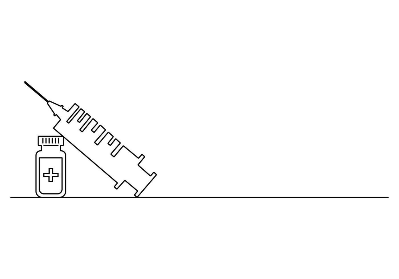 One line drawing of medicine set with syringe and vial. Pharmaceutical components and vaccine symbol. Pro illustration vector