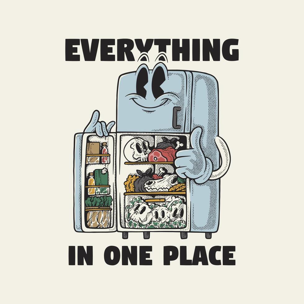 refrigerator showing his inside retro cartoon emblem vector