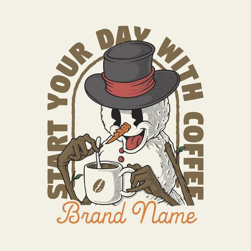 retro cartoon emblem of snowman with coffee mugs vector