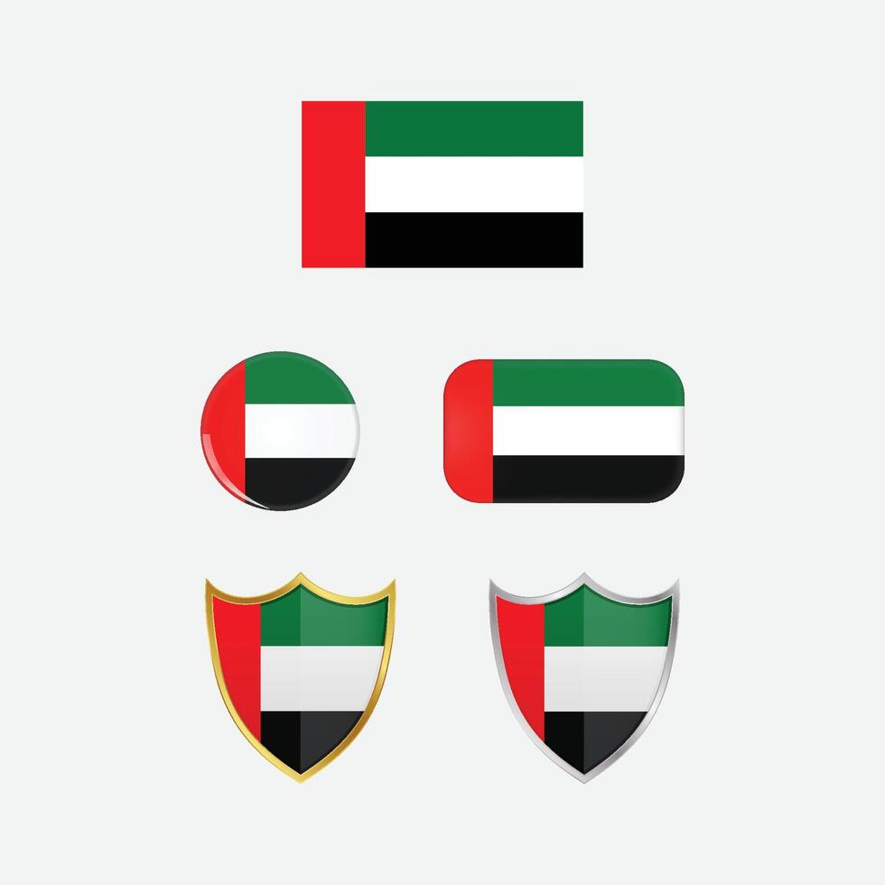 UAE country flag, country flag button, and shield design vector