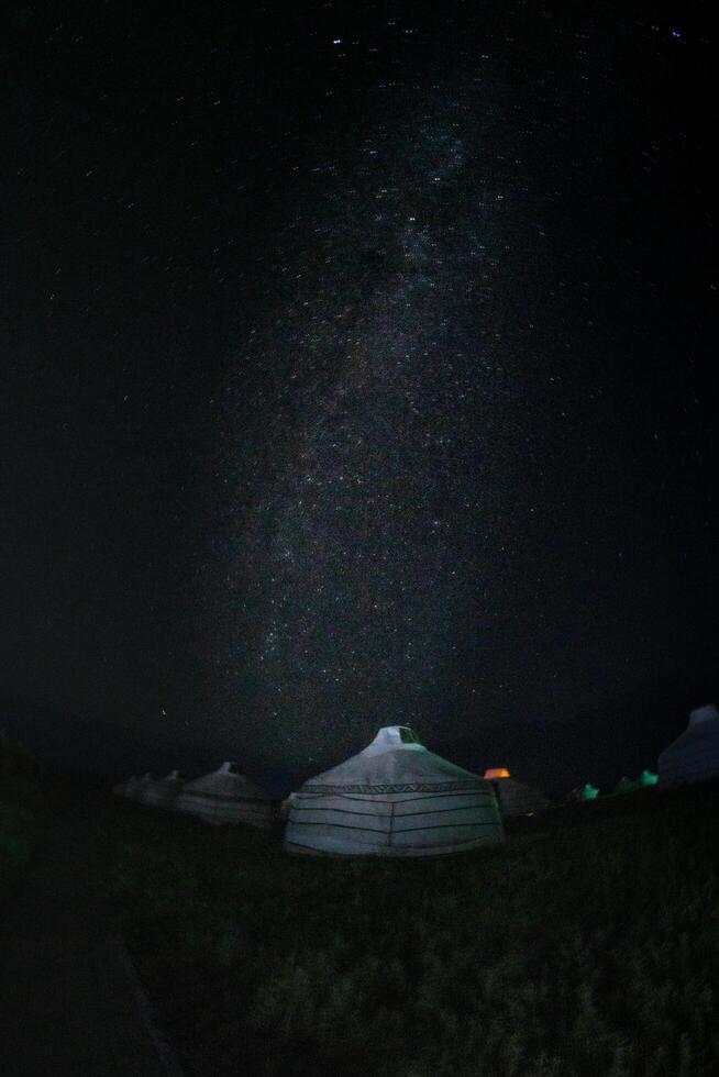 Night sky with stars field and Milky Way over the Gers camping in Mongolia photo