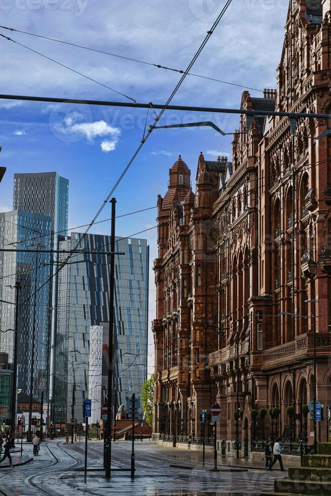 Tram Tracks and Buildings in a City photo