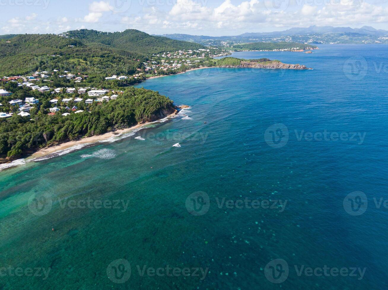 Aerial view of tartane's main surf spots, plage des surfeurs, VFF, entre deux, cocoa, Martinique, West Indies, France photo