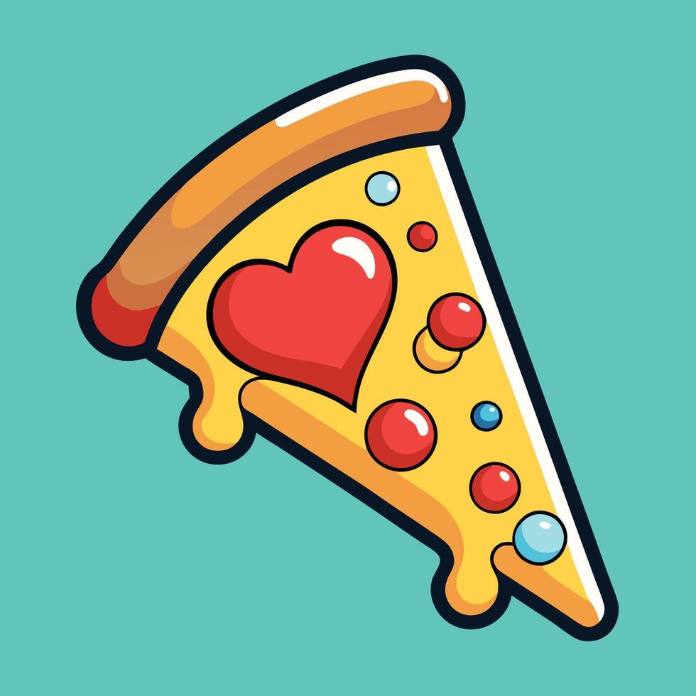 Cute Cartoon Pizza Slice Sticker Adorned with Heart Decorations vector