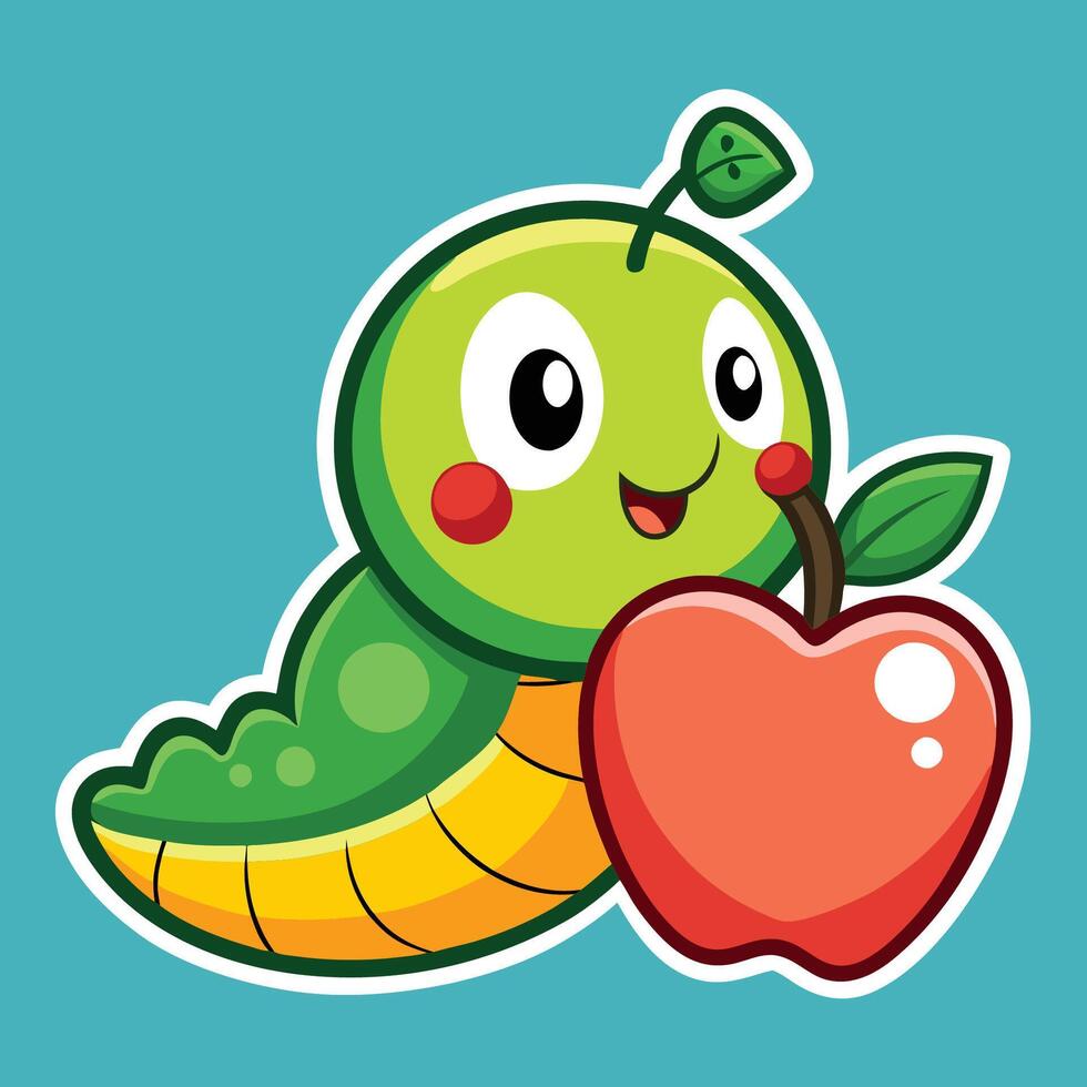 Cartoon Caterpillar Munching on a Red Apple with Green Leaves and Stem vector