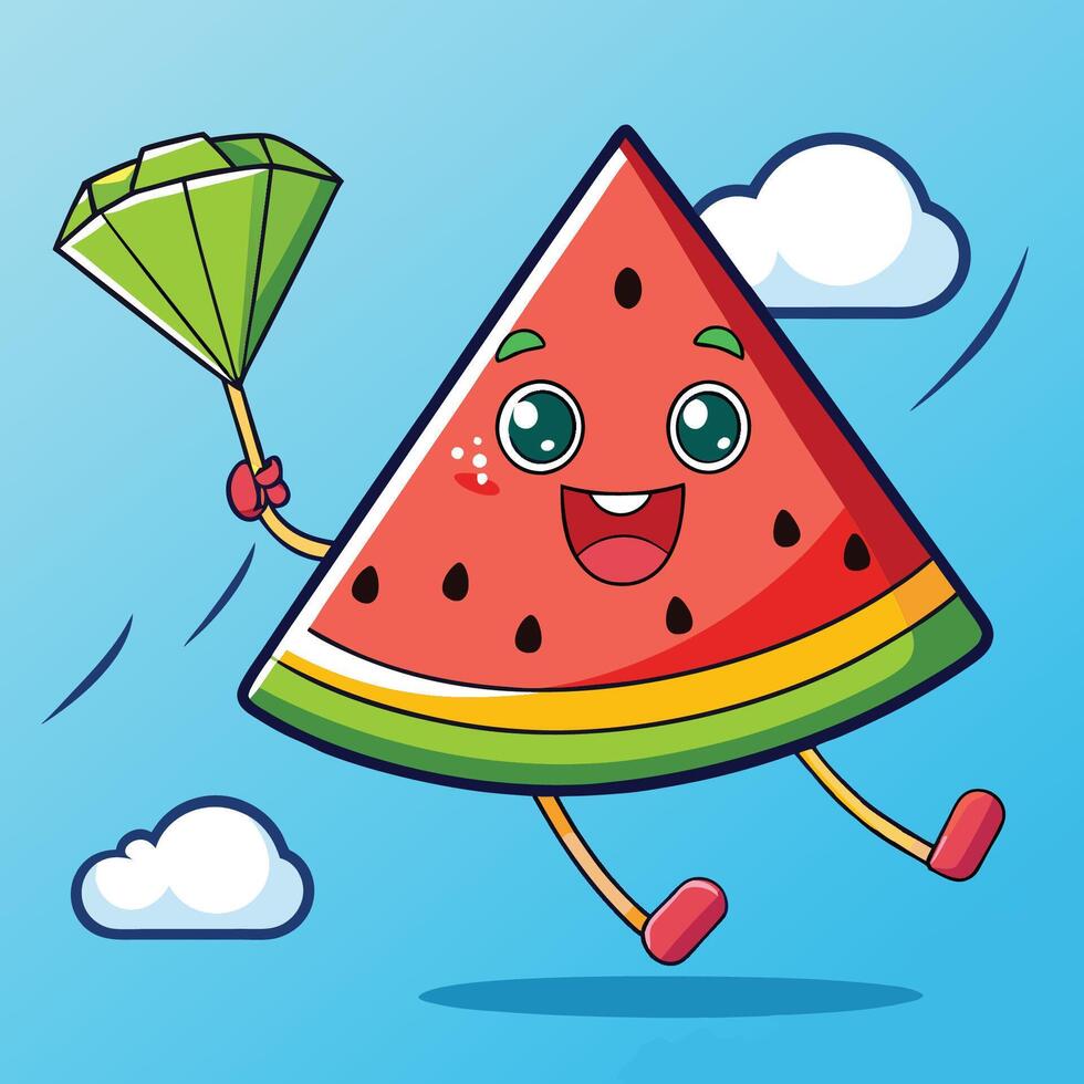 Animated Cartoon Sticker of a Flying Watermelon Slice with a Kite vector